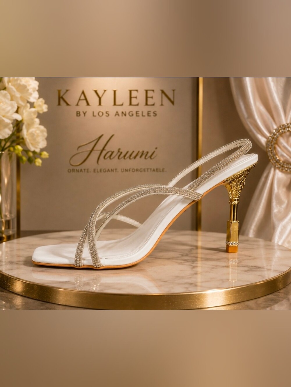 Kayleen by Los Angeles “Harumi” White Rhinestone Ornate Heel Sandals – NIB